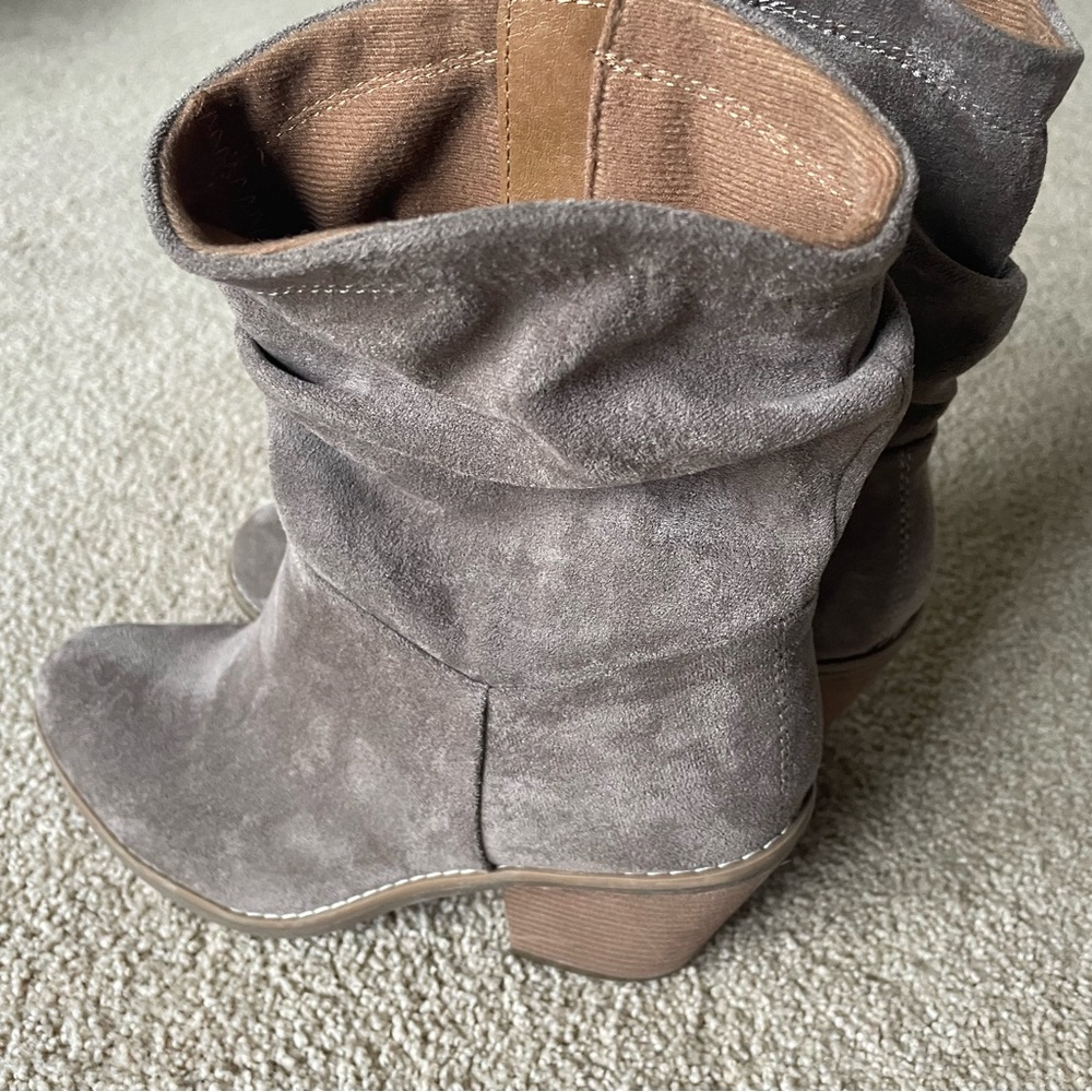 Gray faux suede slouch ankle boots